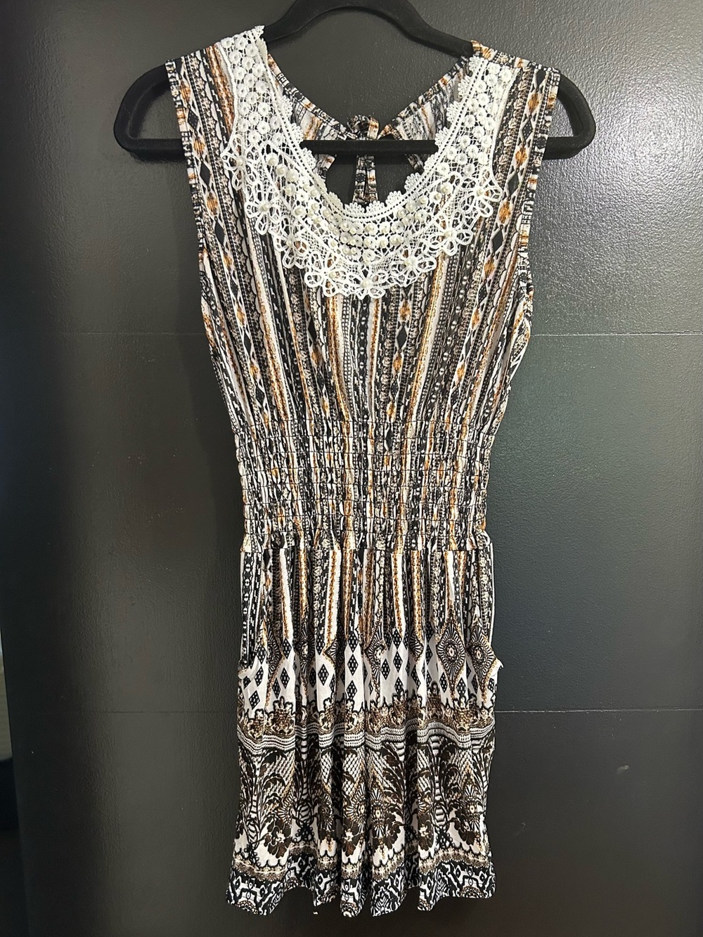 Sleeveless Crochet-Yoke Romper in Black and Brown
